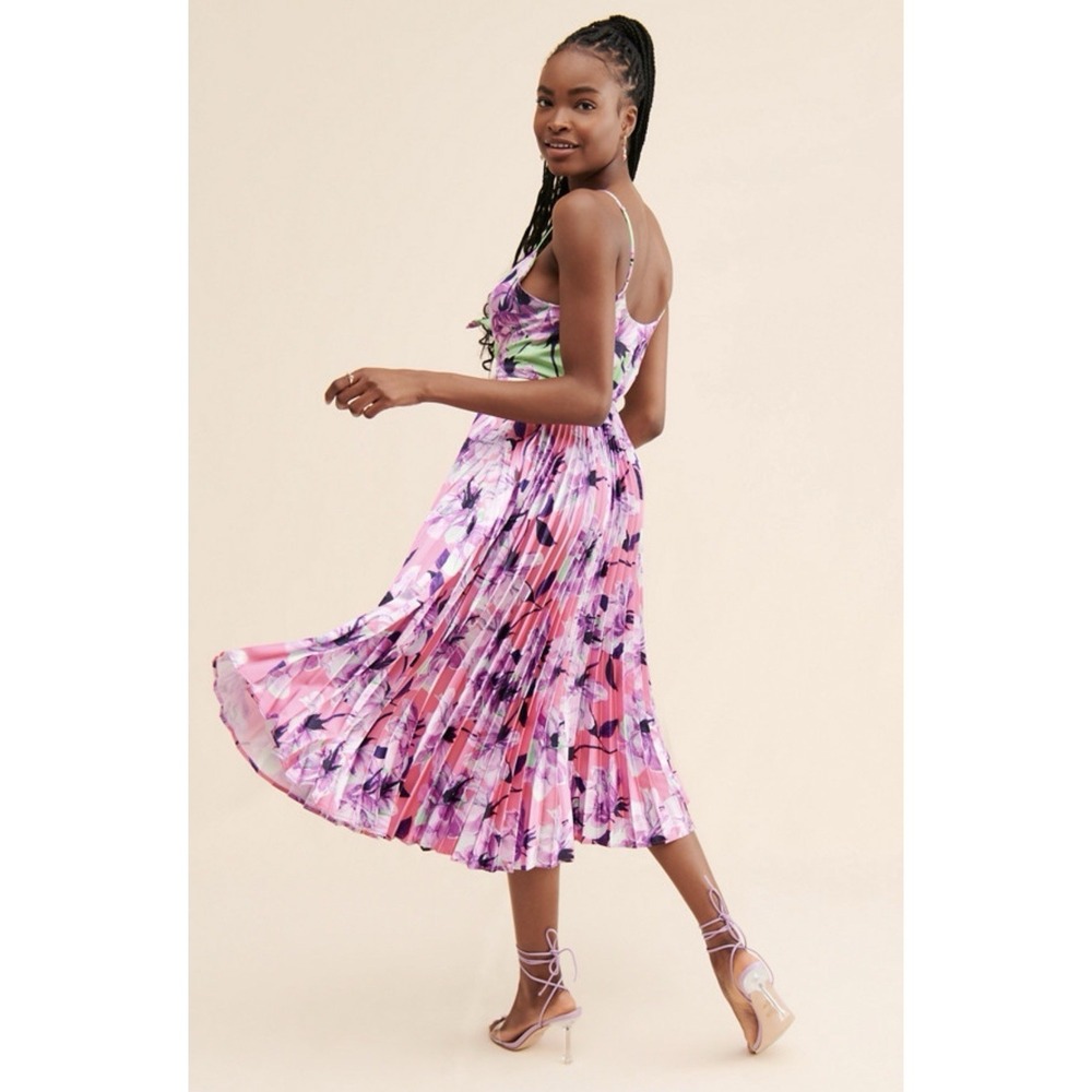 Anthropologie Pleated Midi Dress Pink Floral Tie Front Sleeveless S Coquette - Picture 4 of 15